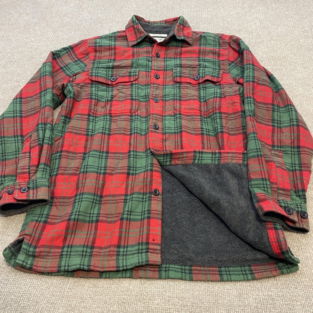 VTG LL Bean Shirt Jacket Mens Small Red Green Plaid Fleece Lined Flannel 250393